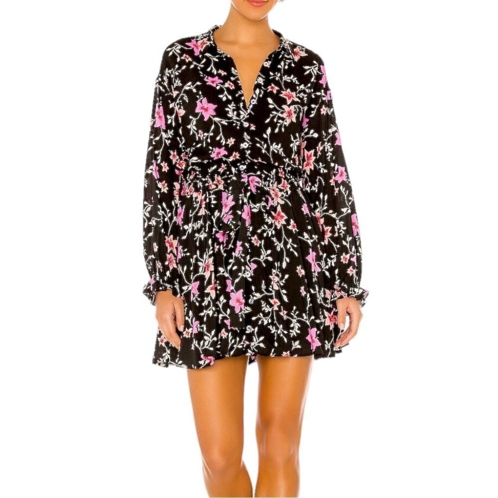 Free People Lighten up Mini Dress in Black Combo Floral NWT XS